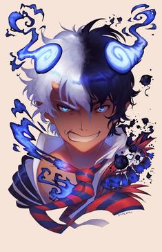 an anime character with blue eyes and horns on his head, holding something in one hand