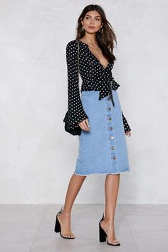 #nastygal Button to It #denimskirt Denim Outfit Women, Denim Clothes, Denim Outfits, Denim Clothing, Womens Denim, Double Denim, Light Wash Denim, Denim Outfit, Wrap Top