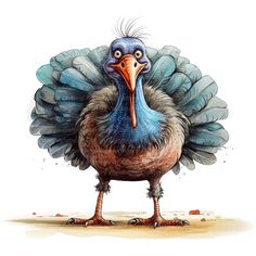 a drawing of a turkey with blue feathers