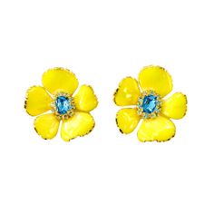 Our best selling floral style has gotten a gorgeous update with all new vibrant colors. They are finished off with a handset crystal That is its perfect match Please keep your jewelry away from harsh chemicals, perfumes and water Yellow Turquoise, Floral Studs, Steampunk Accessories, Creative Jewelry, Floral Earrings, Floral Style, Fine Jewellery, Yellow Orange, Floral Painting