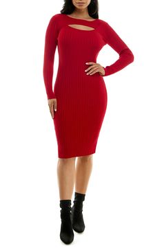 A chest cutout adds allure to a sweater dress with a chunky ribbed texture that defines your look. 42" length Crewneck Long sleeves 78% rayon, 22% polyester Machine wash, tumble dry Imported Model stats: 5'10" height, 32" bust, 25" waist, 36" hip. Long Sleeve Denim Dress, Midi Sweater Dress, Daytime Dresses, Long Sleeve Sweater Dress, Sweater Dress Midi, Bodycon Fashion, Peek A Boo, Unique Dresses, Clothing Size Chart