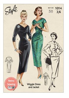 an old fashion sewing pattern with two women in dresses and one is wearing a dress