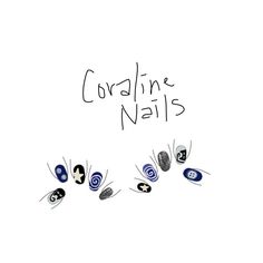 coraline nails #nails #nailart #coraline #naildesign #art #gelnails #nailpolish #design #theme #nailartideas Emo Inspired Nails, Nail Ideas Horror, Nails Theme Ideas, Coraline Nails Ideas, Nail Inspo Purple And White, Nail Themes Ideas, Short Coraline Nails, Life Is Strange Nails, Simple Coraline Nails