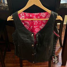 This Leather Vest Is New With Tags. Fitted Biker Outerwear With Snap Buttons, Fitted Biker Jacket With Snap Buttons, Vest And Skirt Outfit, Herringbone Vest, Pocket Vest, Faux Fur Vest Black, Sleeveless Sweater Vest, Biker Vest, Brown Vest