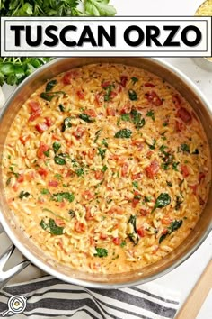 overhead photo of tuscan orzo in a skillet with recipe title block at the top. Tuscan Orzo, Orzo Dinner Recipes, Orzo Pasta Recipes, Orzo Dishes, Simple Family Meals, Orzo Recipes, Pasta Sides, Chicken Meal Prep, Chicken Pasta Recipes