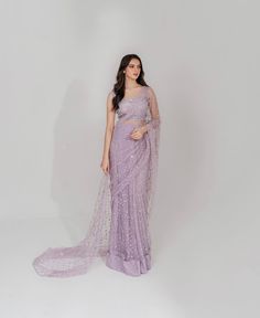 Purple Saree Aesthetic, Light Purple Saree, Lavender Sarees, Lilac Saree, Pastel Saree, Sparkly Outfit Ideas, Lavender Saree