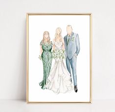 a watercolor painting of three brides and one groom standing next to each other