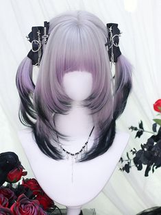 Transform your look with this enchanting Purple Ombre Synthetic Wig. Featuring trendy air bangs, this wig offers a playful and youthful vibe perfect for any occasion. The beautiful ombre transition from black to light purple adds an eye-catching allure, while the 40-45cm length provides versatility and ease of styling. Made from high-quality synthetic fibers, this wig ensures a natural appearance and comfortable wear.  Garment Size SizeFree SizeHair Length40-45 Air Bangs, Double Ponytail, Steampunk Fashion Male, Gothic Skirts, Hair Color Purple, Wispy Bangs, Ombre Hair Color, Purple Ombre, Short Wigs