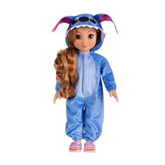 a doll with long hair wearing a blue costume