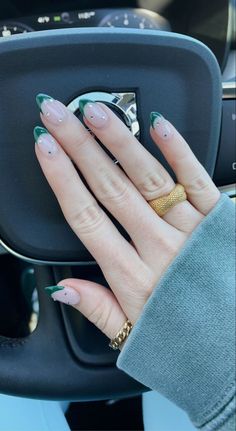 Green French Tips With Rhinestones, Dip With Tip Nail Ideas, Green Hoco Nails Acrylic, Green French Tip Nails Ideas, French Designed Nails, Trending Green Nails, Green French Nails With Rhinestones, First Green Nails, Red And Green French Tip Nails Almond