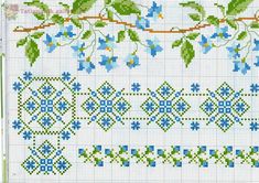 cross stitch pattern with blue flowers and green leaves on the side, in white background