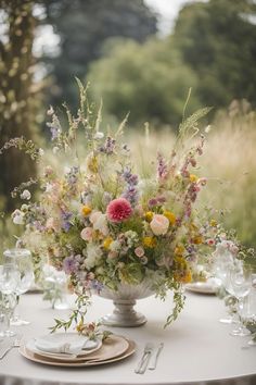 an arrangement of flowers in a vase on a table with place settings and wine glasses