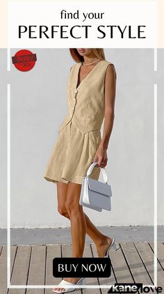 Casual Solid Pocket V Neck Sleeveless Two Pieces Casual V-neck Sundress With Pockets, Summer Linen V-neck Dress With Pockets, Chic Linen V-neck Sundress, Casual V-neck Sleeveless Dress With Button Closure, Summer Linen Mini Dress With V-neck, Chic Casual, Elevate Your Style, Two Pieces, Your Perfect