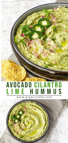 avocado cilantro lime hummus garnished with jalapenos and served with tortilla chips Cilantro Lime Hummus, Jalapeno Hummus, Pickled Jalapenos, Avocado Hummus, Homemade Hummus, Hummus Recipe, Avocado Recipes