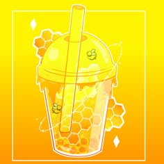 an orange drink with honey on the rim and straw in it, sitting next to a beehive