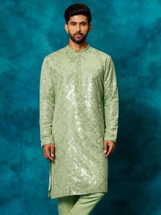 vastramay mens mint green georgette kurta Georgette Kurta, Mint Green Color, Georgette Fabric, Packaging Labels, How To Look Classy, Ethnic Wear, Green Fabric, Green Color, Mint Green