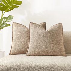 two pillows sitting on top of a couch next to a potted plant and vase