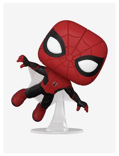 a spider - man figurine is shown on a white base with the head turned to look like it's jumping