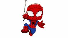 a spiderman cartoon character flying through the air with a fishing rod in his hand