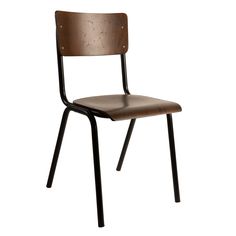 a wooden chair with black legs and a brown seat