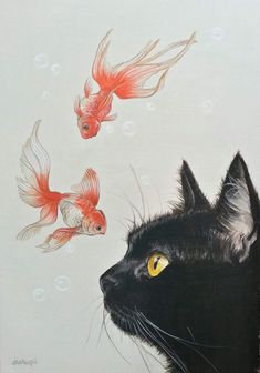 a painting of a black cat with goldfish in it's mouth and another fish swimming around