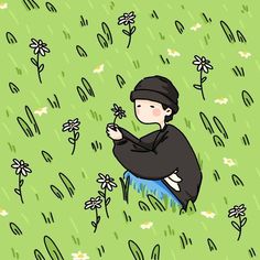 a drawing of a person sitting in the grass with daisies on their feet and holding a flower