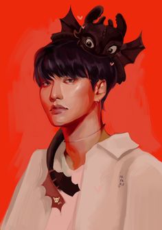 a digital painting of a woman wearing a white shirt and black hair with a dragon on her head