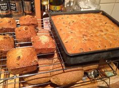 baked goods are cooling on the rack in the kitchen