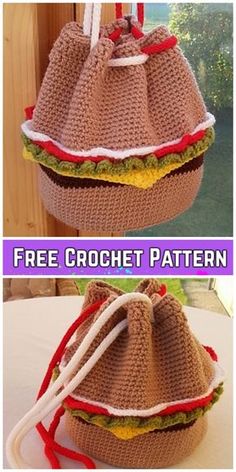 a crocheted bag with a hamburger on it and the words free crochet pattern