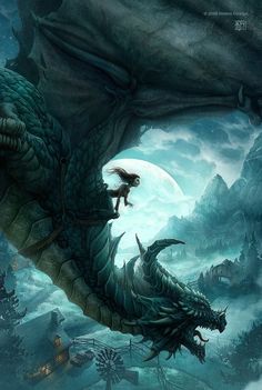 a dragon flying over a mountain with a girl on it's back in front of a full moon