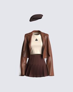 It's your world, and you'll be giving them no choice but to live in it with this 4 piece set 🤎 Have it your way in this brown beret, brown logo knit top, vegan leather jacket, and pleated mini skirt 😜 Mode Inspo, Looks Chic, Kpop Fashion Outfits, Edgy Outfits, Stage Outfits, Kpop Outfits, Lookbook Outfits, Teen Fashion Outfits, Cute Casual Outfits