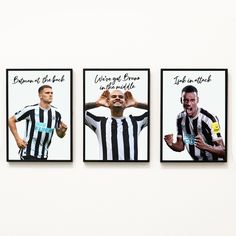 three framed photos of soccer players with their names on them, one is holding a bottle and the other has his hand in his mouth