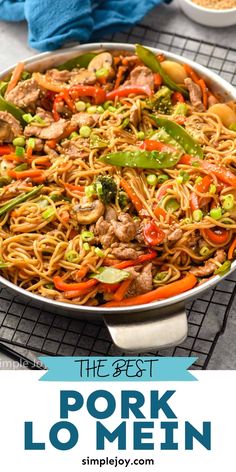 the best pork lo mein recipe with noodles and vegetables in a pan on a cooling rack