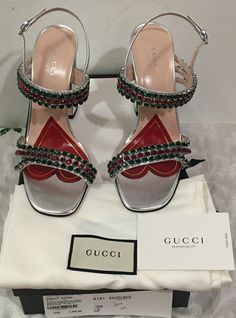 Gucci Slingback Party Sandals, Gucci Slingback Sandals For Party, Luxury Bedazzled Open Toe Heels, Luxury Leather Heels With Rhinestones, Designer Leather Sandals With Rhinestones, Luxury Embellished Slingback Sandals, Designer Leather Heels With Rhinestones, Luxury Bedazzled Heels For Formal Occasions, Gucci Leather Slingback Sandals