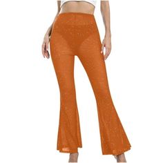 Versatile High Waisted Casual Pants  Elasticized high-rise waistband for a flexible fit, legs design with elastic cuff provides a versatile and athletic fit, ease at any time, offers an active look, while deep side pockets give you somewhere to keep Size: XL.  Color: Orange.  Gender: female.  Age Group: adult.  Pattern: solid. Womens Wide Leg Pants, Loose Trousers, Pants Summer, Linen Pants Women, Flared Pants, Elastic Waist Pants, Women Pants Casual, Athletic Fits, Drawstring Pants