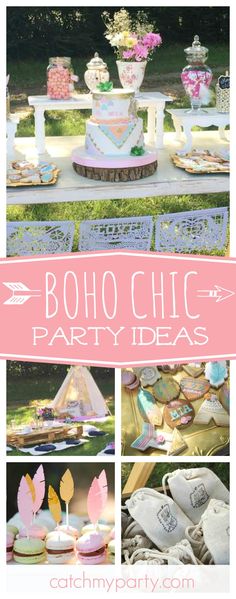 Don't miss this beautiful boho chic birthday party. The outdoor table settings and tents are fantastic!! See more party ideas and share yours at CatchMyParty.com Boho Chic Party Ideas, Boho Cakes, Chic Party Ideas, Ibiza Party