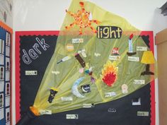 a bulletin board that has been decorated with pictures and words on it, including the word dark