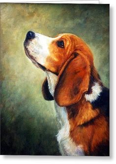 a painting of a beagle dog looking up