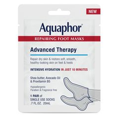 Aquaphor Repairing Foot Masks are a hydrating foot care treatment that delivers intense hydration to dry feet in just 10 minutes. These moisturizing foot masks are easy to use and mess free for a convenient self care treatment at home or while traveling. The repairing foot mask formula is fragrance free and makes a great dry feet treatment to restore soft, smooth and healthy-looking skin on your feet and heels. Infused with a blend of avocado oil and shea butter, the hydrating and conditioning f Personal Care Routine, Pedicure Supplies, Healing Ointment, Foot Mask, Foaming Face Wash, Cracked Skin, Foot Cream, Foot Care, Moisturizing Lotions