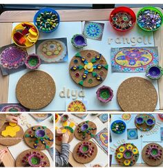 there are several pictures of different things made out of paper and beads on the table