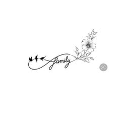 the word family written in black ink with flowers and birds flying around it on a white background