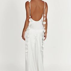 Meshki Elenora White Dress With White Chiffon Flower Appliqus On The Straps, Never Been Worn + With Tags! **Originally $169 Flower Tassels, Backless Satin Dress, Rose Gown, 파티 드레스, Tassel Dress, Long Bodycon Dress, Sleeveless Bodycon Dress, Dress Satin, Strap Dress