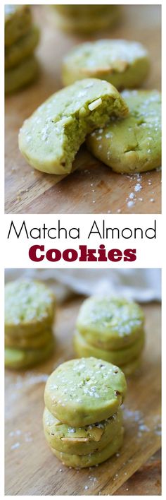 matcha almond cookies are stacked on top of each other