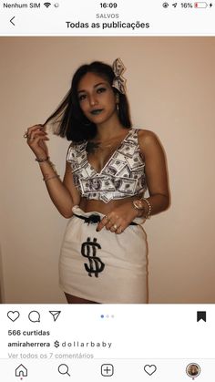 a woman wearing a skirt and top with dollar signs on it