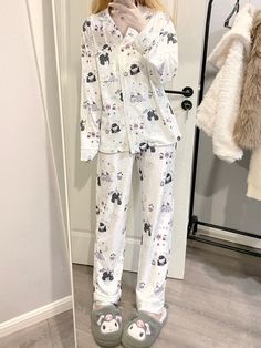 This pajama set comes in two styles: long sleeves with long pants and short sleeves with shorts. The entire set features adorable printed illustrations, adding a playful touch to your nightwear. The buttoned front is adorned with delicate lace trim, giving it a charming and feminine look. The pants are designed with an elastic waistband for maximum comfort.  Please note, the price includes one pajama set only.   	 		 			Top Size(Short Sleeves Version/Long Sleeves Version) 			S 			M 			L Cotton Cartoon Print Sleepwear For Pajama Party, Cartoon Print Cotton Sleepwear, Cute Printed Sleepwear For Pajama Party, White Cartoon Print Sleepwear Set, Long Sleeve Cartoon Print Sleepwear For Home, Long Sleeve Cartoon Print Sleepwear, White Printed Sleepwear For Sleepover, Long Sleeve Cartoon Print Sleepwear For Loungewear, White Cartoon Print Sleepwear For Loungewear