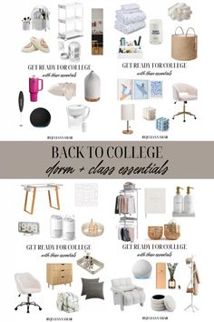 the back to college dorm essentials are shown in this graphic style, including furniture and accessories