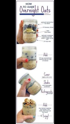 the instructions to make overnight oats in a jar with blueberries and other toppings