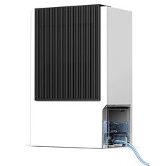 a white and black computer tower with water coming out of the front door, on a white background