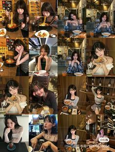 many different pictures of women eating food together