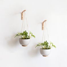 two hanging planters with plants in them on the wall next to eachother